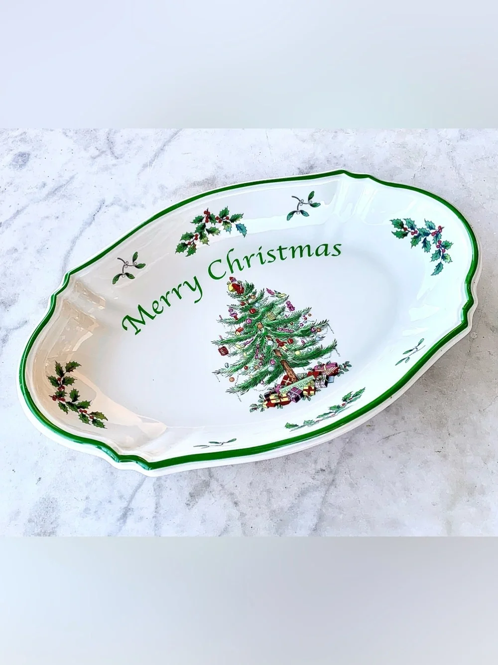 SPODE CHRISTMAS TREE OVAL MERRY CHRISTMAS TRAY PLATTER NEW GREEN GIFTS TOYS